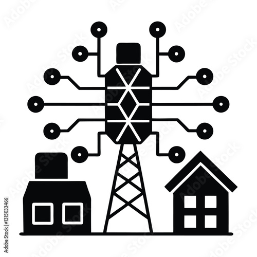 Smart AI Controlled Energy Grid Flat Vector Silhouette with Transparent Background