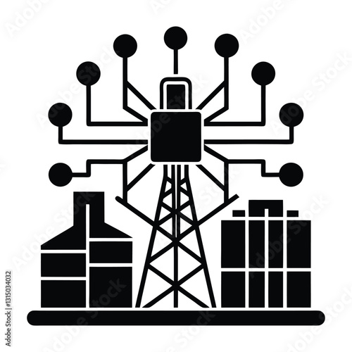 Smart AI Controlled Energy Grid Flat Vector Silhouette with Transparent Background