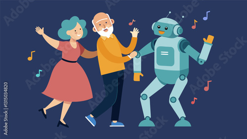An elderly couple dancing together guided by a robot that plays their favorite music and leads their movements.. Vector illustration