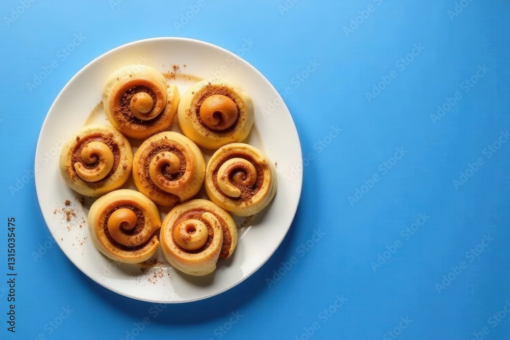 A plate of freshly baked sweet rolls, sprinkled with cinnamon, rests on a vibrant blue background, showcasing their golden-brown swirls and inviting aroma. A plate of freshly baked sweet rolls, sprinkled with cinnamon, rests on a vibrant blue background, showcasing their golden-brown swirls and inviting aroma.
