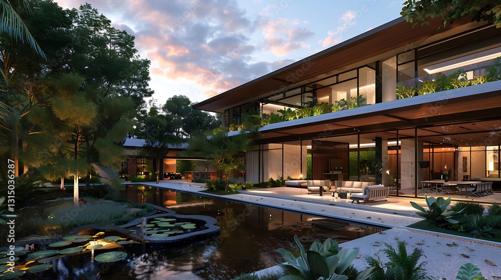 Luxurious Modern House at Dusk Reflecting in Pond: Nature-Integrated Architecture with Ambient Lighting and Serene Outdoor Living Space Design Ideas.. Luxurious Modern House at Dusk Reflecting in Pond: Nature-Integrated Architecture with Ambient Lighting and Serene Outdoor Living Space Design Ideas..