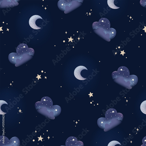 Night Sky Dreamland Pattern with clouds, moon, and stars. Nursery baby dreamy sky background. For fabric, wrapping paper, kids apparel, wallpaper baby playroom or nursery.