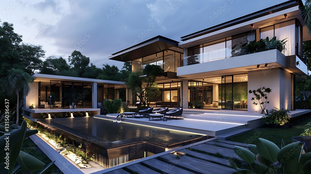 Fototapeta premium Luxury Modern House at Dusk: Glass Windows, Swimming Pool, and Landscaping, Creating a Tranquil and Wealthy Oasis in Evening's Soft Light..