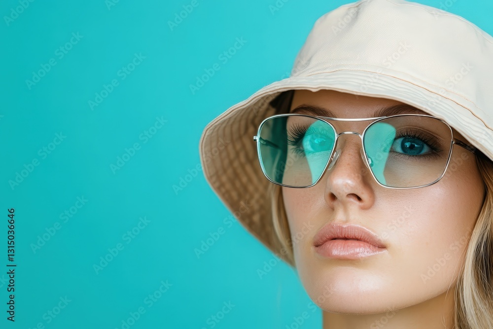 A beautiful young woman is wearing stylish eyeglasses and a hat A beautiful young woman is wearing stylish eyeglasses and a hat