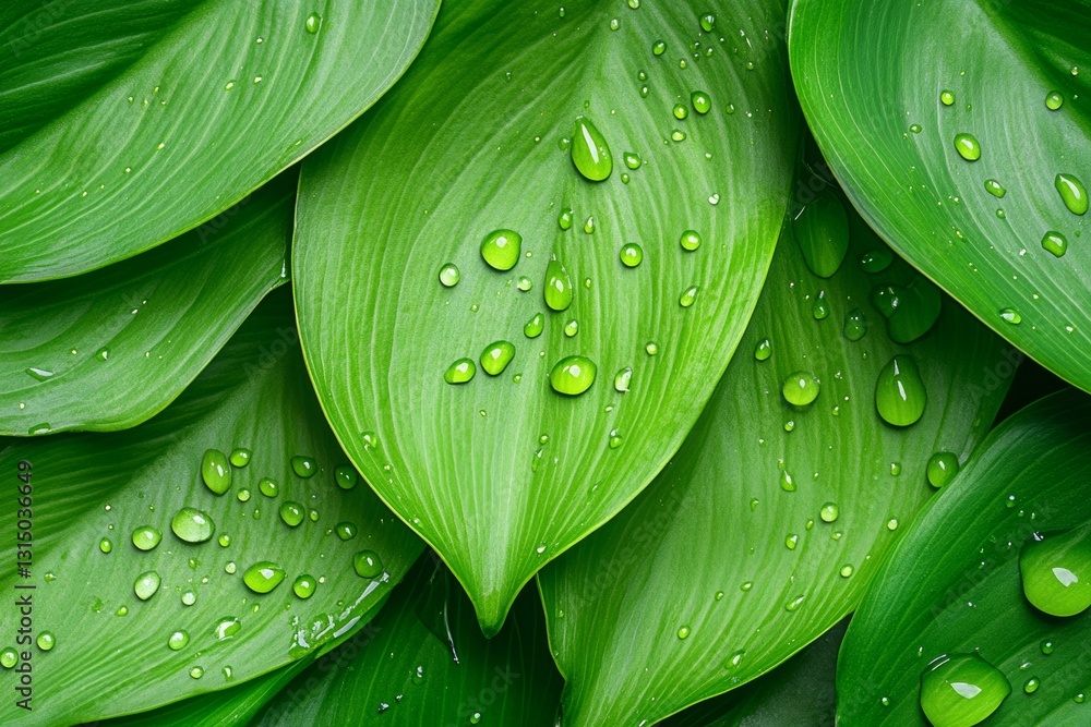 Obraz premium Abundant Dewdrops on Lush Green Leaves and Delicate Petals – Glistening Morning Nature Photography with Vibrant Botanical Beauty