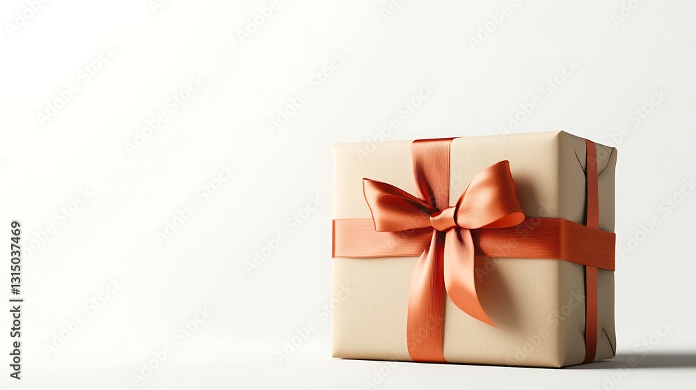 Realistic close-up of a neatly wrapped holiday gift box with a satin ribbon, white background with a minimal shadow Realistic close-up of a neatly wrapped holiday gift box with a satin ribbon, white background with a minimal shadow