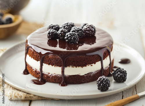 A chocolate mousse dessert with blackberries, served on a white plate with soft shadows and modern styling. photo
