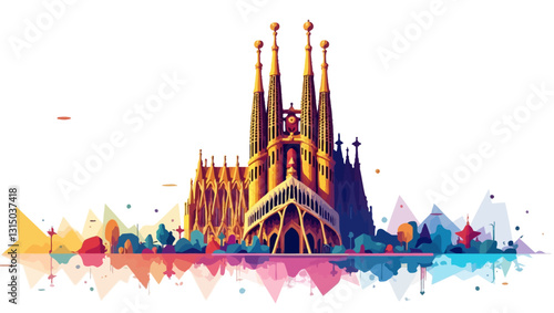 Architectural Wonder Reflection: A vibrant illustration of an iconic architectural masterpiece, showcasing intricate details against a backdrop of colorful abstraction.