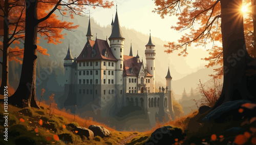 Autumnal Castle: A majestic castle, with tall towers and ornate architecture, stands majestically in a golden autumnal forest. The sunlight streams through the trees, creating a magical atmosphere.