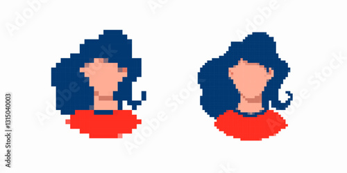 Two pixel art women with blue hair and red shirts in a simple, minimalist digital style.