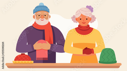 An elderly couple proudly standing behind their table of handknitted scarves hats and gloves ready to share their warm creations with the community.. Vector illustration