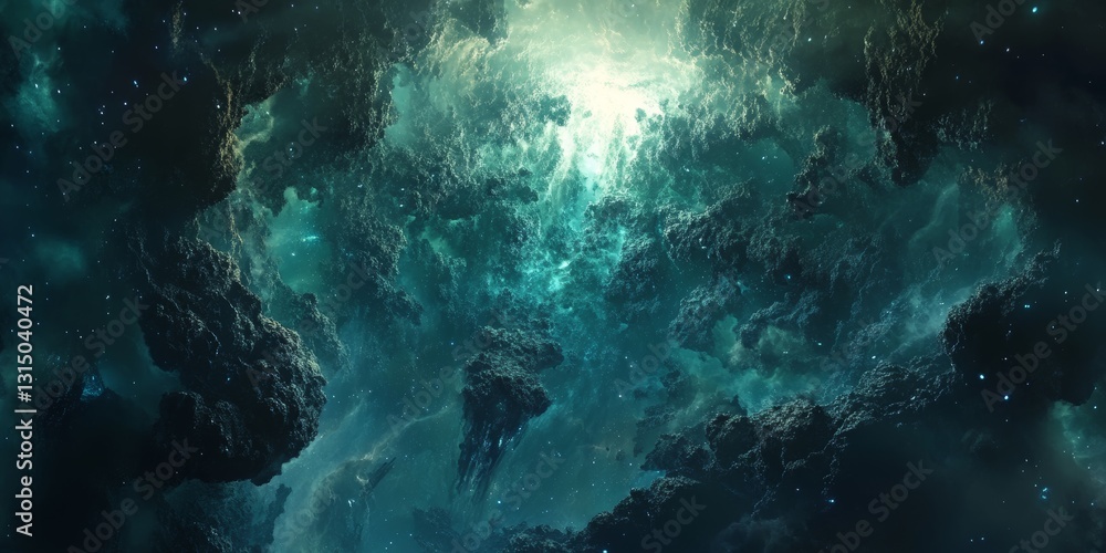 Obraz premium A breathtaking depiction of a vast cosmic nebula featuring an ethereal green glow amidst swirling clouds and scattered stars, perfect for space-themed projects.
