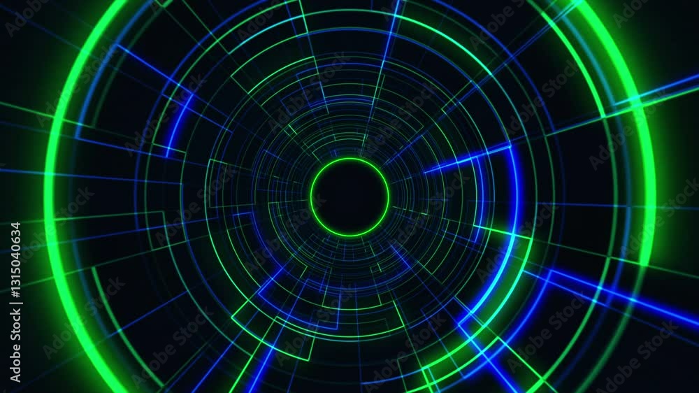 Neon background of green and blue glowing laser lines forming a tunnel in the space. Futuristic technology background, vibrant tube with bright lines. Cyber technology, science, and cosmos. 4k. Neon background of green and blue glowing laser lines forming a tunnel in the space. Futuristic technology background, vibrant tube with bright lines. Cyber technology, science, and cosmos. 4k.