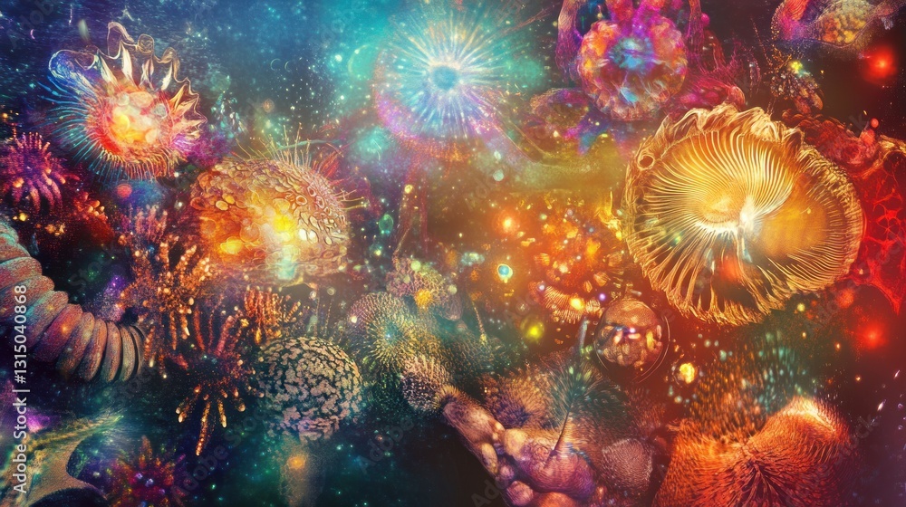 Obraz premium A surreal and vibrant depiction of microscopic life in a cosmic setting