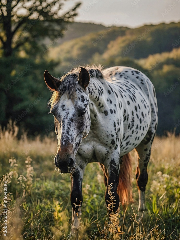 Appaloosa horse grazing in the field.