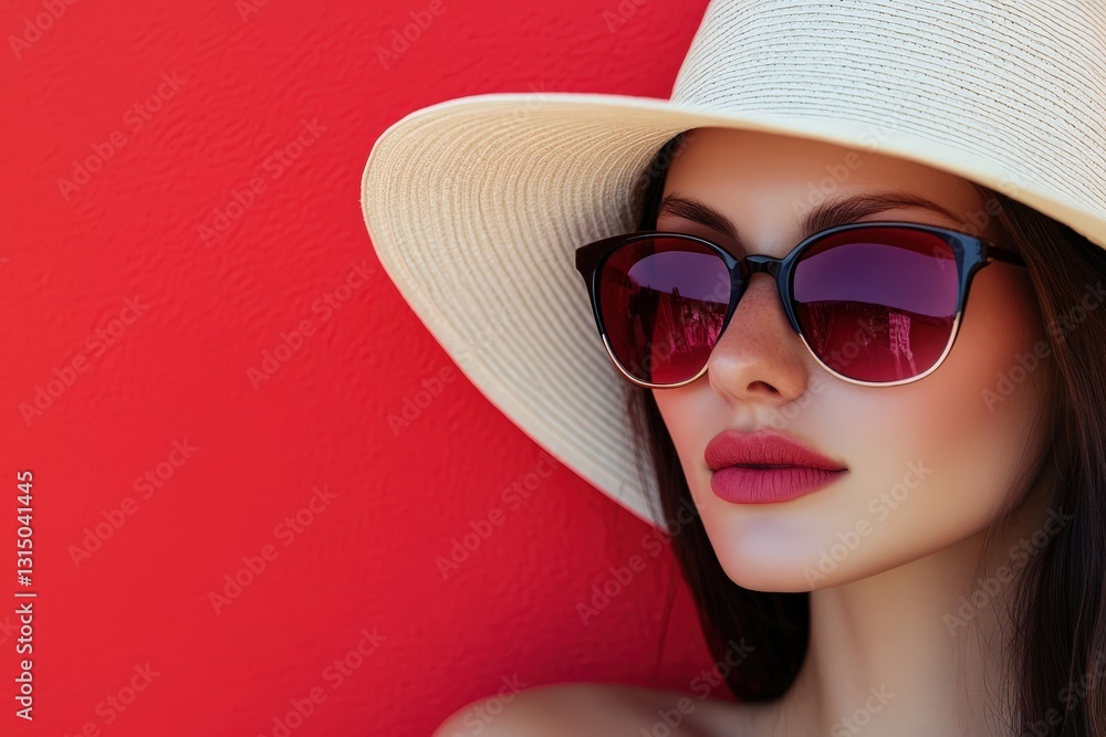 Fototapeta premium Attractive woman wearing sunglasses and a large sun hat