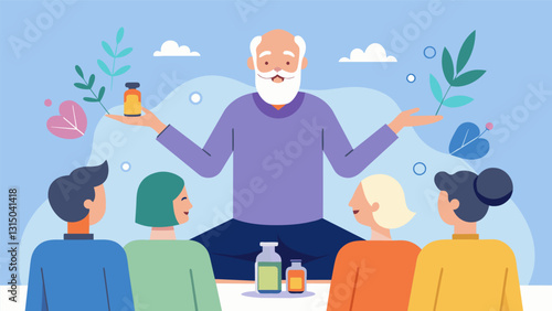 A wise old man teaching a group of seniors about the benefits of different aromatherapy oils and how to use them safely.. Vector illustration