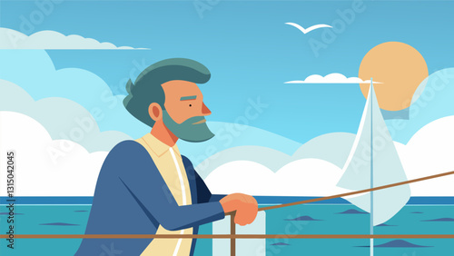 A wiselooking gentleman leaning against the railing of his sailboat his eyes closed as he breathes in the salty sea air and listens to the soothing sounds of the waves.. Vector illustration