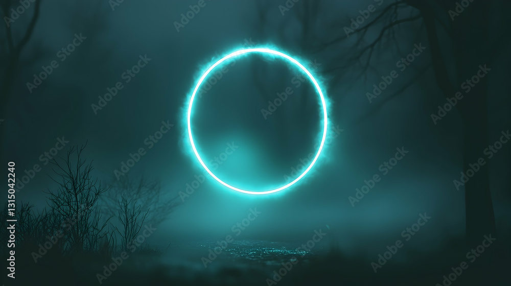 Naklejka premium Glowing neon circle in a dark, misty forest at night