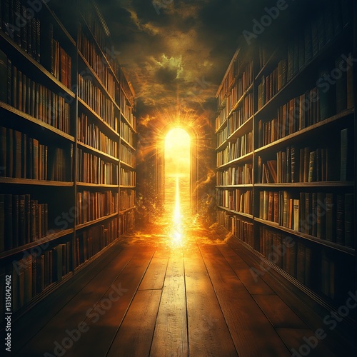 Wallpaper Mural A library with a large open door in the middle of the room. The light shining through the door creates a warm and inviting atmosphere Torontodigital.ca