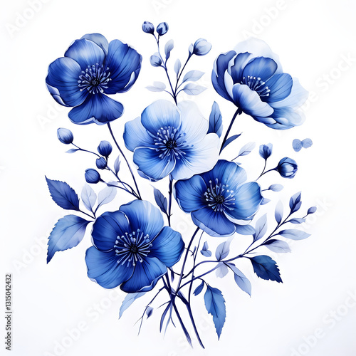 Blue flowers on a white background, Elegant Blue Floral Bouquet On A White Background