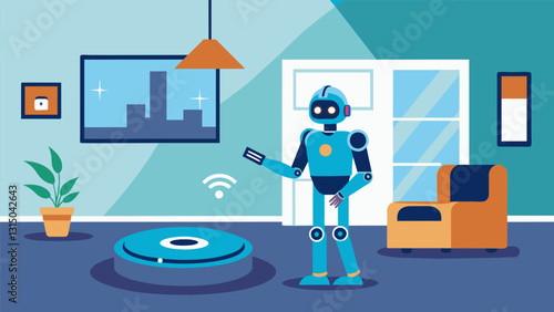 The robot vacuum cleans specific areas of the house based on data from the motion sensors.. Vector illustration