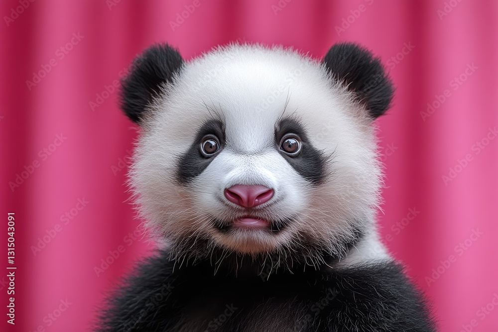 Cute panda cub with expressive eyes against a vibrant pink background in a playful moment Cute panda cub with expressive eyes against a vibrant pink background in a playful moment