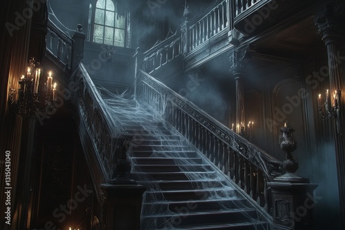 A dark stairwell with a staircase leading up to a room. The staircase is covered in spider webs