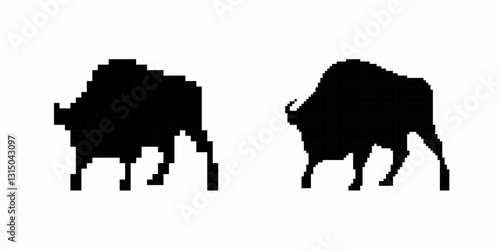 Two buffalo silhouettes show strength and grace. their stances highlight their muscular build.