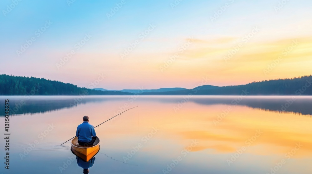 A fisherman casting his line into a calm lake at sunrise, tranquil and peaceful A fisherman casting his line into a calm lake at sunrise, tranquil and peaceful