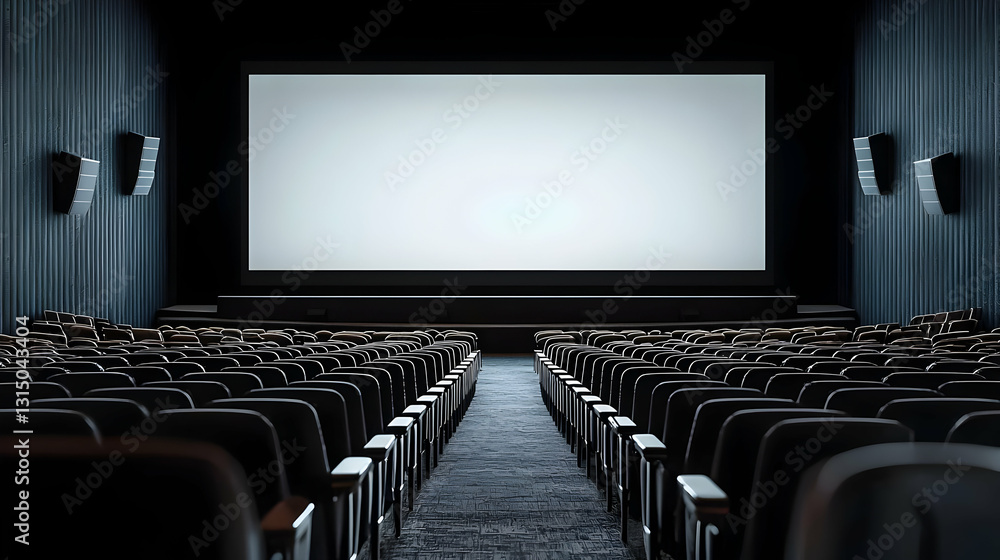 Empty Movie Theater With Large Blank Screen And Rows Of Black Seats And Grey Carpet Awaiting Audience In Dark Interior Empty Movie Theater With Large Blank Screen And Rows Of Black Seats And Grey Carpet Awaiting Audience In Dark Interior