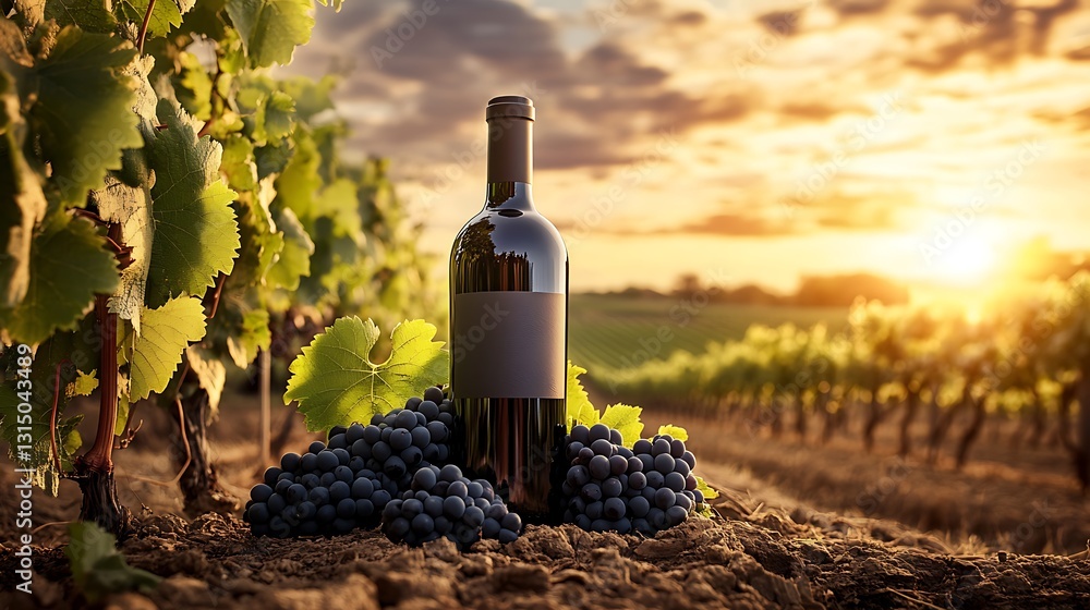 Fototapeta premium Red wine bottle with grapes in vineyard at sunset.