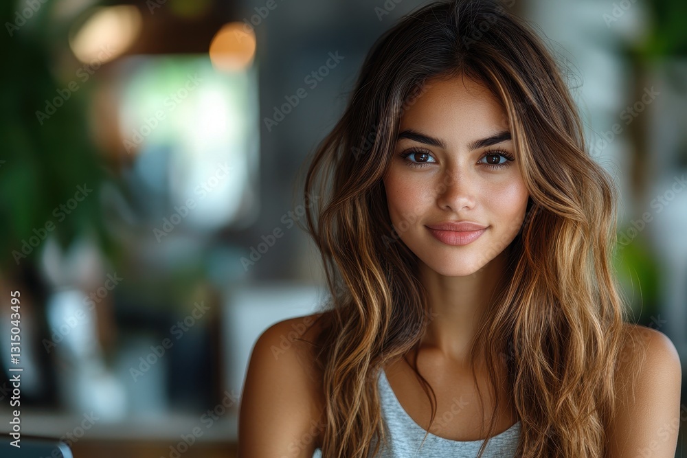 Obraz premium Young woman with long hair smiles warmly at cafe during bright daytime, surrounded by green plants and soft lighting