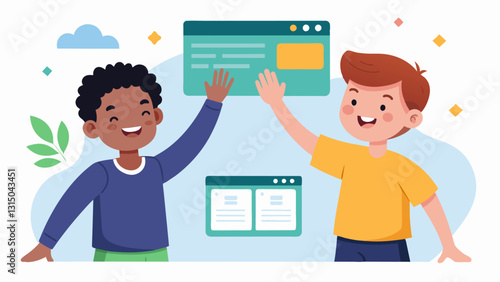 Two boys highfiving as they successfully publish their website online for the first time.. Vector illustration