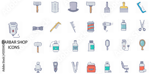 Barbar shop simple concept 28 colour icons set. Contains such hair, beauty, bathroom, brush, sticker, face .Vector illustration.