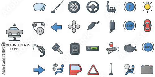 Car and Components simple concept 28 colour icons set. Contains such car service, diagnostics of vehicle, garage tools and car parts color icon set. Automatic and manual gearbox .Vector illustration.