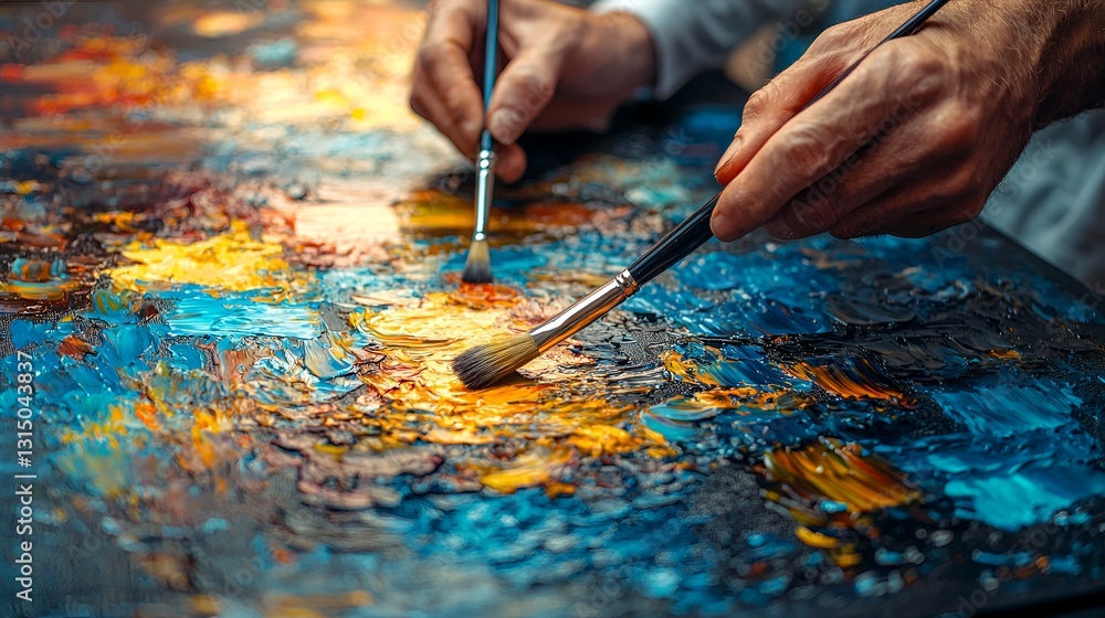 Artists' hands painting a vibrant canvas Artists' hands painting a vibrant canvas