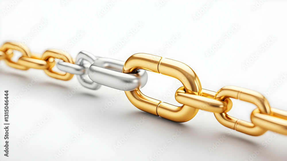 Obraz premium Silver Link Joining A Gold Chain On A White Background Concept Of Teamwork Partnership And Connection