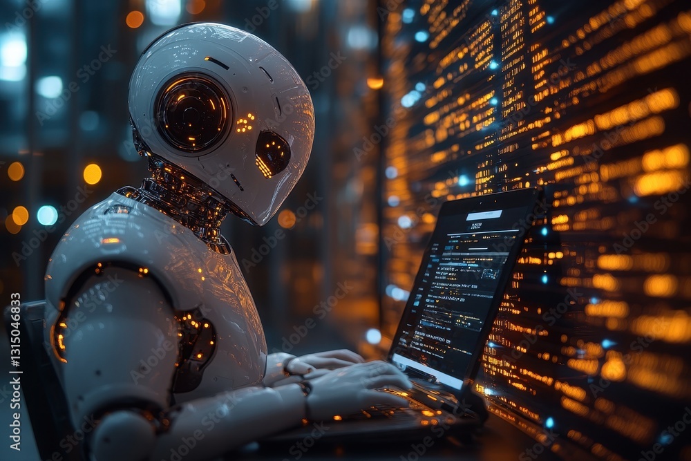 Fototapeta premium Robot programmer working on a laptop with digital data streams in a futuristic setting at night