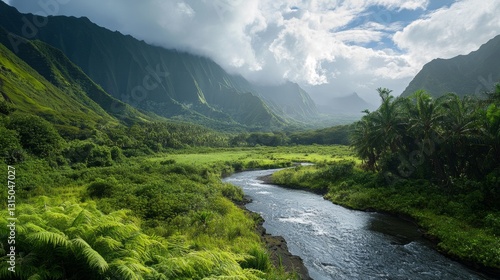A river runs through a lush green valley with mountains in the background. The sky is cloudy, but the sun is shining through the clouds, creating a serene and peaceful atmosphere