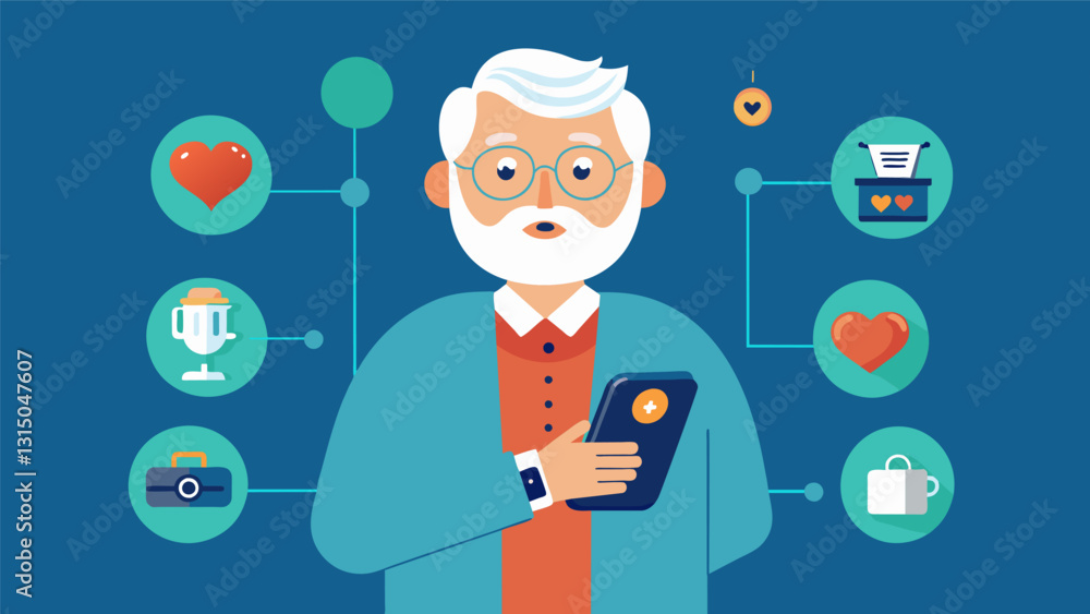 An innovative retiree designs a wearable device that tracks vitals and sends alerts to family members or caregivers in case of emergency.. Vector illustration An innovative retiree designs a wearable device that tracks vitals and sends alerts to family members or caregivers in case of emergency.. Vector illustration