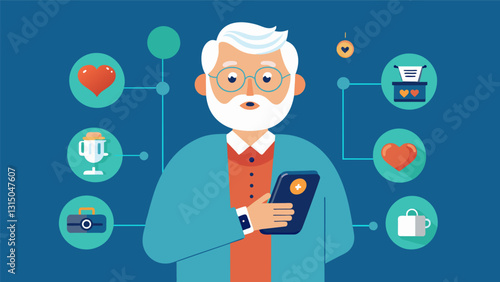 An innovative retiree designs a wearable device that tracks vitals and sends alerts to family members or caregivers in case of emergency.. Vector illustration
