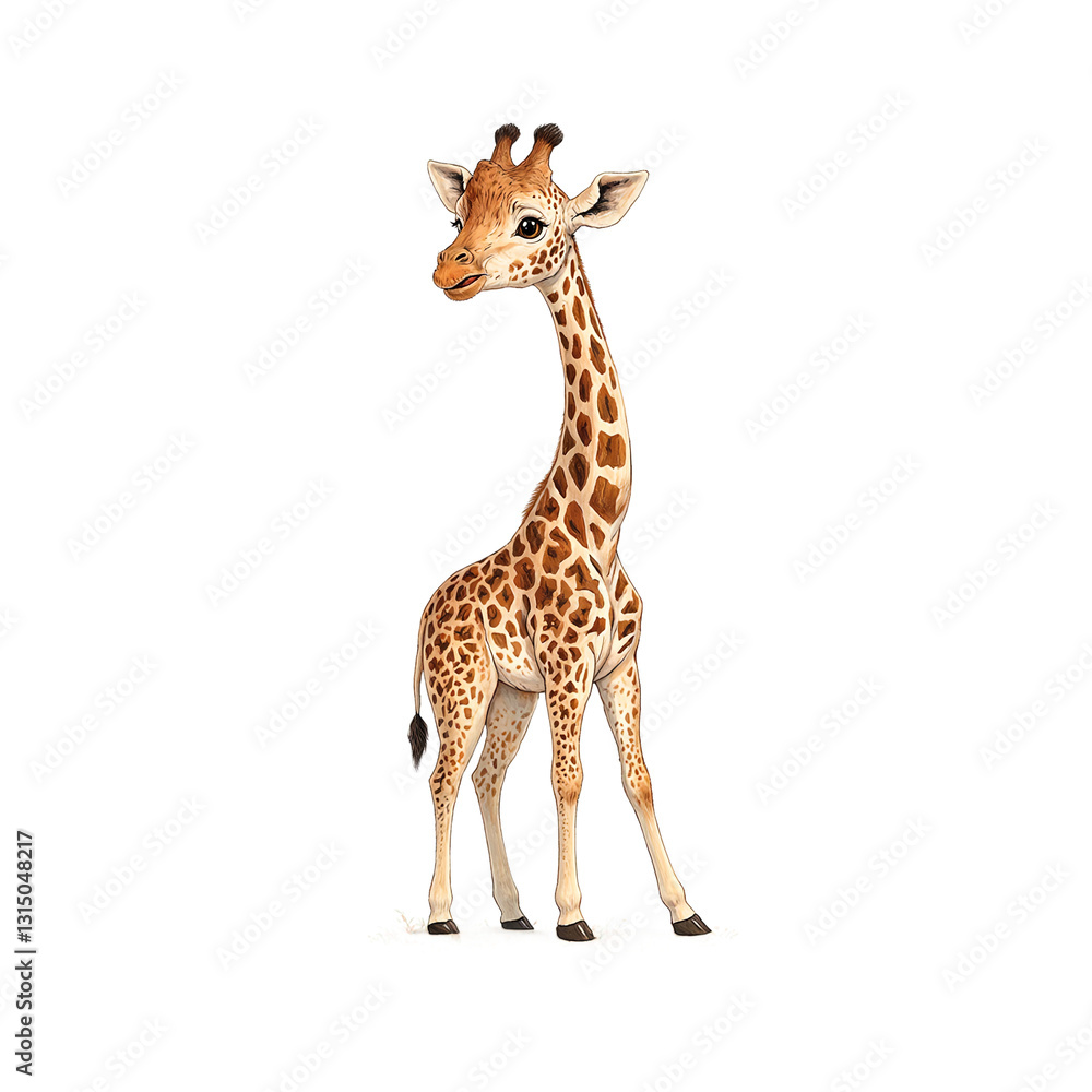 Adorable baby giraffe with intricate brown and white spots gazing upwards with a gentle and endearing expression Adorable baby giraffe with intricate brown and white spots gazing upwards with a gentle and endearing expression