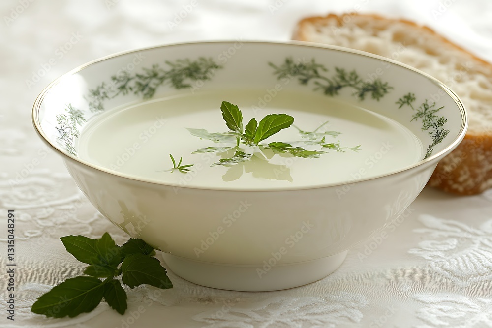 Creamy Soup with Fresh Herbs in a Beautiful Porcelain Bowl Creamy Soup with Fresh Herbs in a Beautiful Porcelain Bowl
