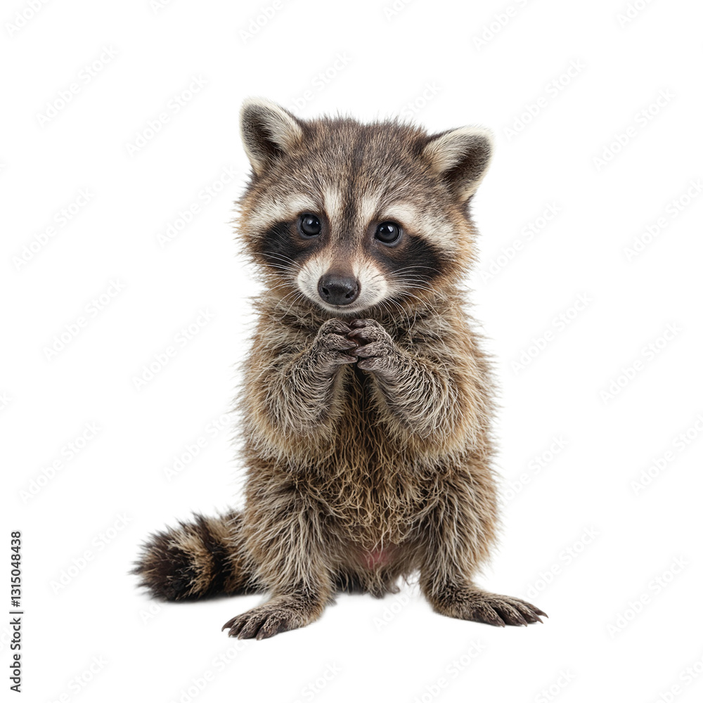 Obraz premium Adorable baby raccoon with gray fur and striped tail posing thoughtfully with paws together Ideal for cute animal themes