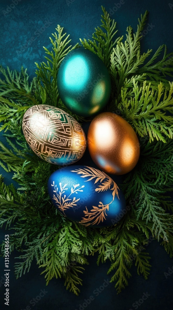 Elegant easter eggs on greenery featuring ornate patterns and metallic hues. Easter, Pascha, Paskha, Ostern, Pascua, Paques - Orthodox and Catholic Holiday celebration