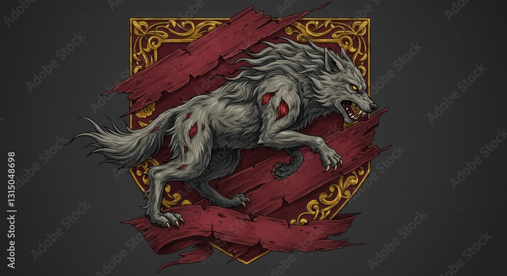 Obraz premium Charging Wolf Heraldic Crest with Windswept Fur