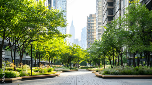 Bright Sunlight Illuminates A Lush Urban Park With Green Trees Pathway And Modern Buildings In The Background
