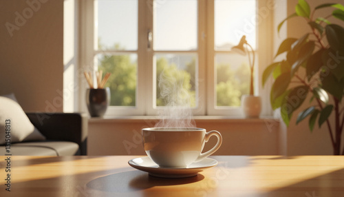 Wallpaper Mural Steaming cup of tea in modern interior on sunny morning, relaxation Torontodigital.ca
