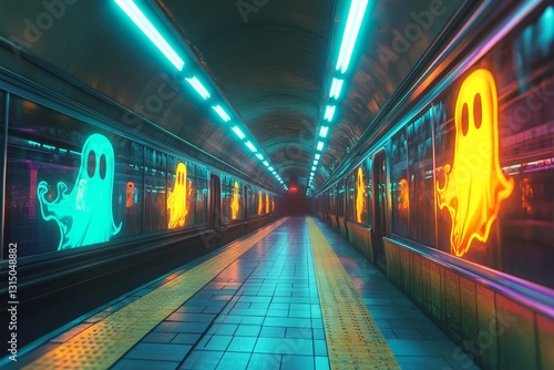 A long, brightly lit subway tunnel with orange and green ghosts on the walls. The ghosts are glowing in the dark tunnel, creating a spooky atmosphere